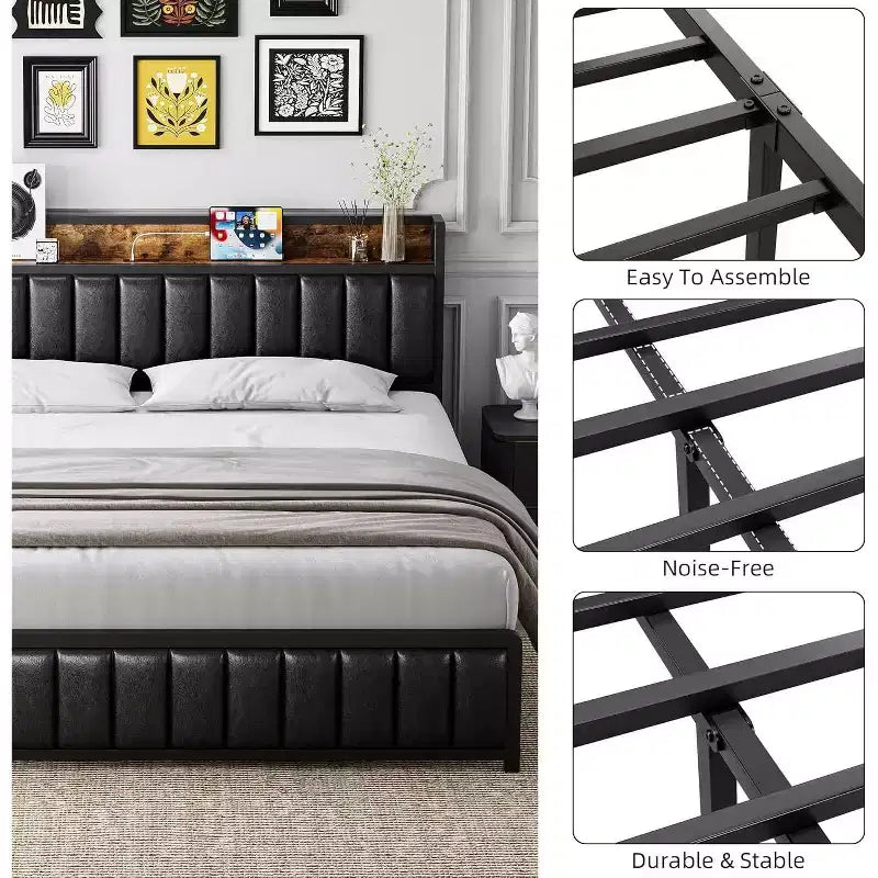 Struttura letto imbottita con contenitore nella testiera, porte USB e robuste doghe in metallo