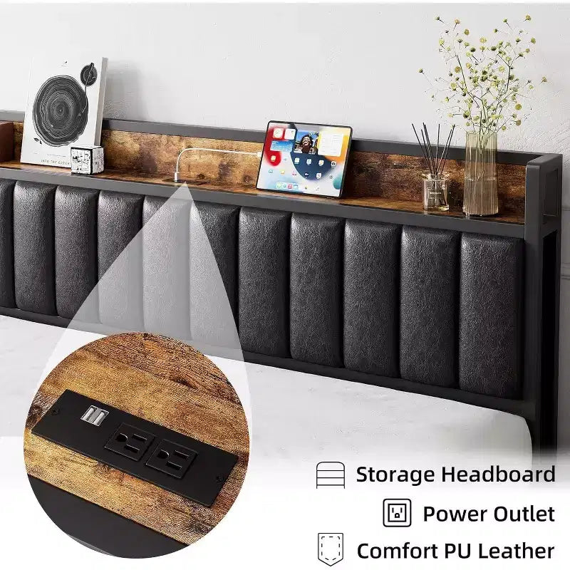 Struttura letto imbottita con contenitore nella testiera, porte USB e robuste doghe in metallo