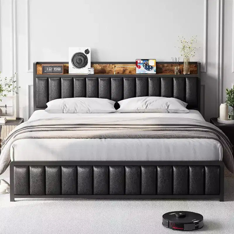 Struttura letto imbottita con contenitore nella testiera, porte USB e robuste doghe in metallo