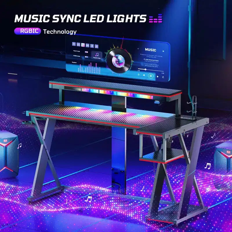 Scrivania da Gaming a L da 105,6 cm/144,8 cm con Supporto Monitor, Presa di Corrente, Luci LED, Portabicchieri e Supporto Controller