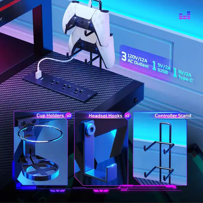 Scrivania da Gaming a L da 105,6 cm/144,8 cm con Supporto Monitor, Presa di Corrente, Luci LED, Portabicchieri e Supporto Controller