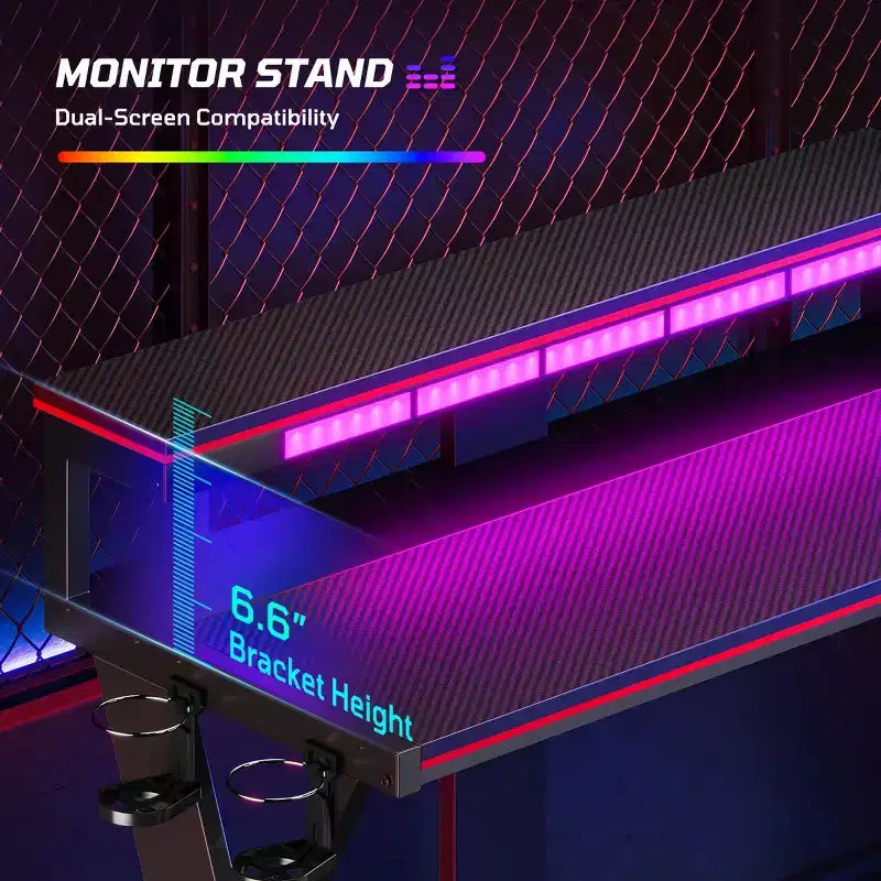 Scrivania da Gaming a L da 105,6 cm/144,8 cm con Supporto Monitor, Presa di Corrente, Luci LED, Portabicchieri e Supporto Controller