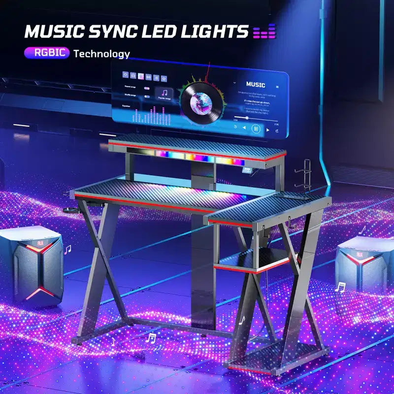 Scrivania da Gaming a L da 105,6 cm/144,8 cm con Supporto Monitor, Presa di Corrente, Luci LED, Portabicchieri e Supporto Controller