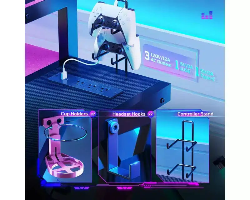 Scrivania da Gaming a L da 105,6 cm/144,8 cm con Supporto Monitor, Presa di Corrente, Luci LED, Portabicchieri e Supporto Controller