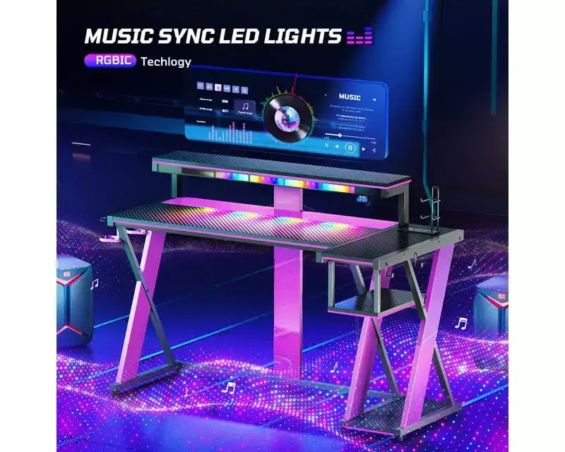 Scrivania da Gaming a L da 105,6 cm/144,8 cm con Supporto Monitor, Presa di Corrente, Luci LED, Portabicchieri e Supporto Controller