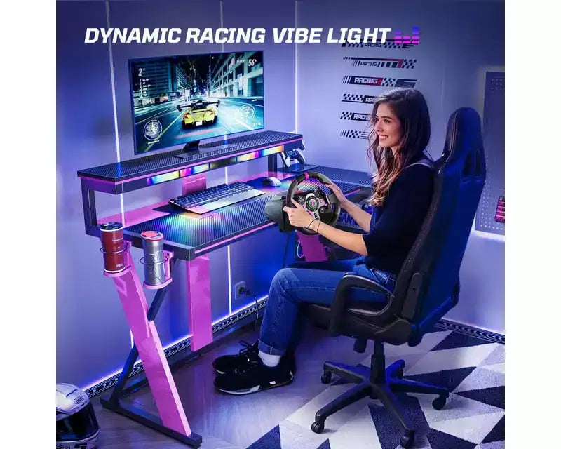 Scrivania da Gaming a L da 105,6 cm/144,8 cm con Supporto Monitor, Presa di Corrente, Luci LED, Portabicchieri e Supporto Controller