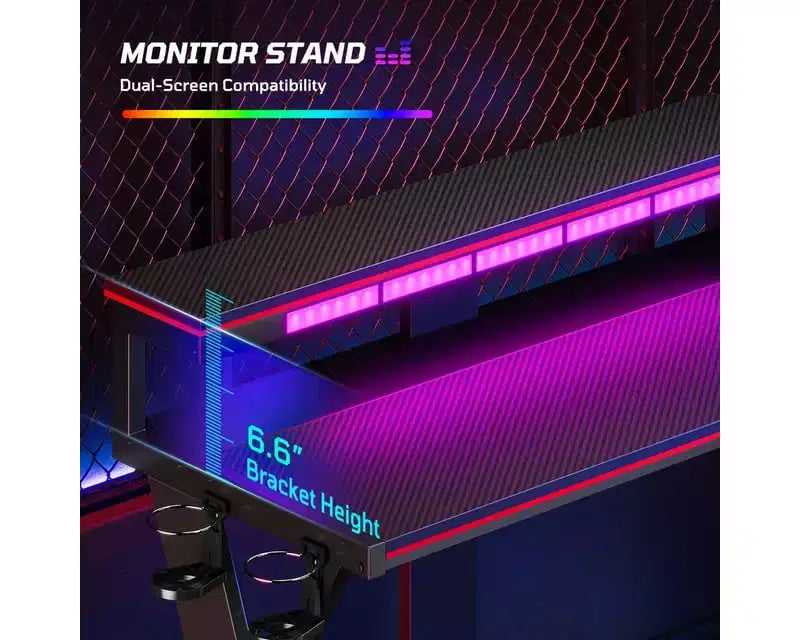 Scrivania da Gaming a L da 105,6 cm/144,8 cm con Supporto Monitor, Presa di Corrente, Luci LED, Portabicchieri e Supporto Controller
