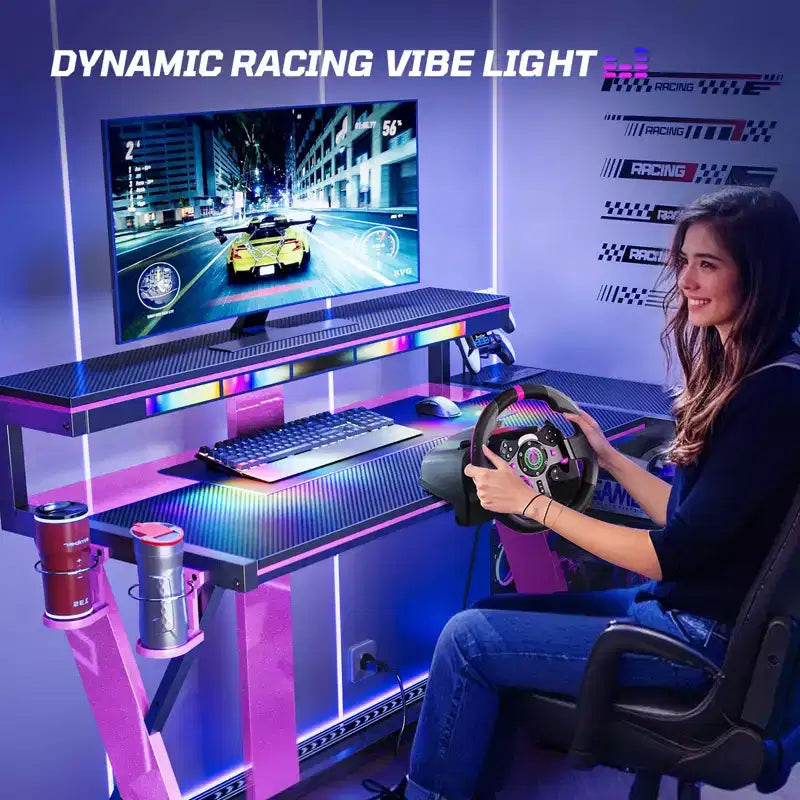 Scrivania da Gaming a L da 105,6 cm/144,8 cm con Supporto Monitor, Presa di Corrente, Luci LED, Portabicchieri e Supporto Controller