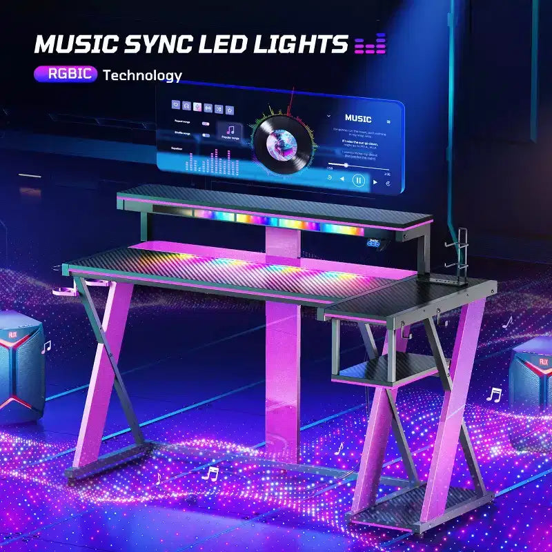 Scrivania da Gaming a L da 105,6 cm/144,8 cm con Supporto Monitor, Presa di Corrente, Luci LED, Portabicchieri e Supporto Controller