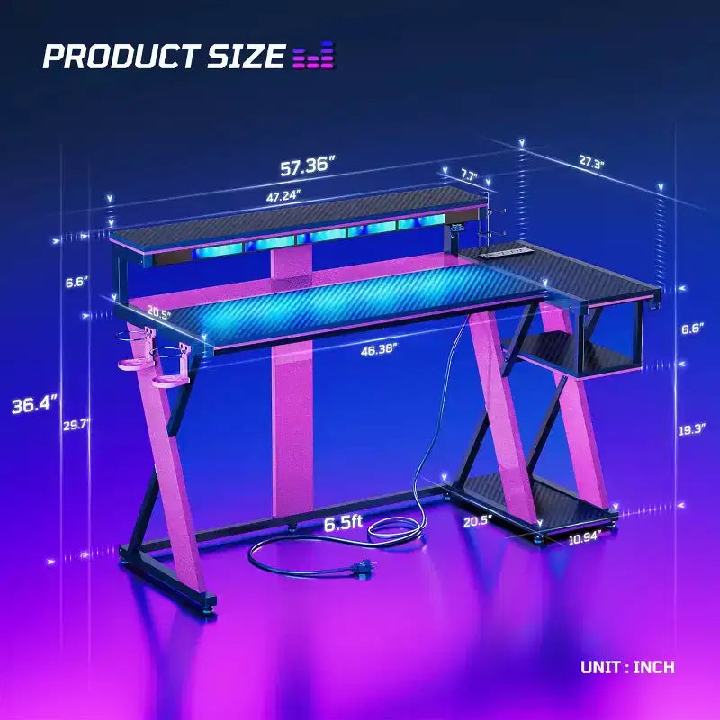 Scrivania da Gaming a L da 105,6 cm/144,8 cm con Supporto Monitor, Presa di Corrente, Luci LED, Portabicchieri e Supporto Controller