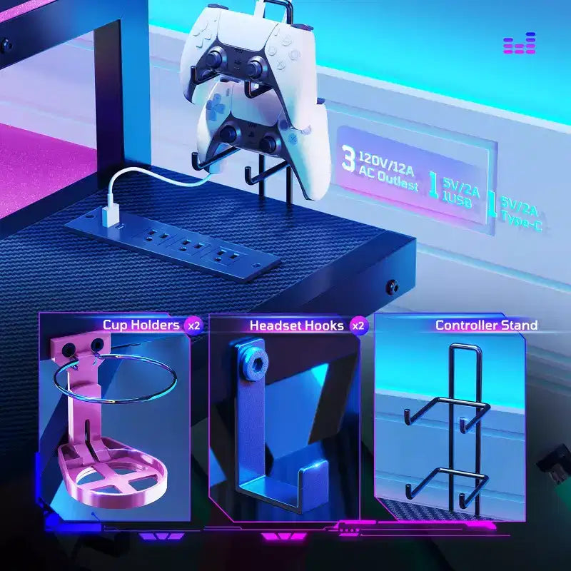 Scrivania da Gaming a L da 105,6 cm/144,8 cm con Supporto Monitor, Presa di Corrente, Luci LED, Portabicchieri e Supporto Controller