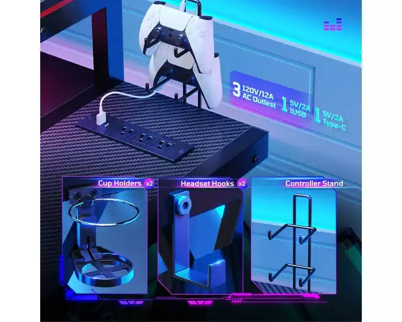 Scrivania da Gaming a L da 105,6 cm/144,8 cm con Supporto Monitor, Presa di Corrente, Luci LED, Portabicchieri e Supporto Controller