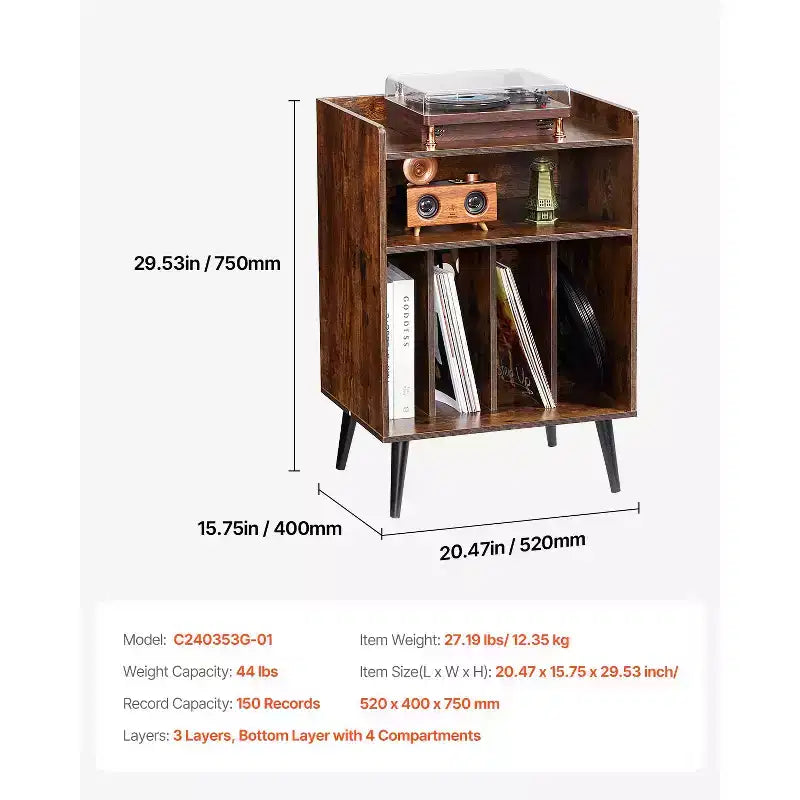 Mobile porta-giradischi a 3 ripiani con luce, stazione di ricarica e porte USB, contiene fino a 150 album, Marrone