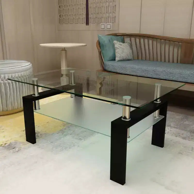 Elegante tavolino da caffè rettangolare in vetro, moderno tavolino da salotto a 2 ripiani trasparente