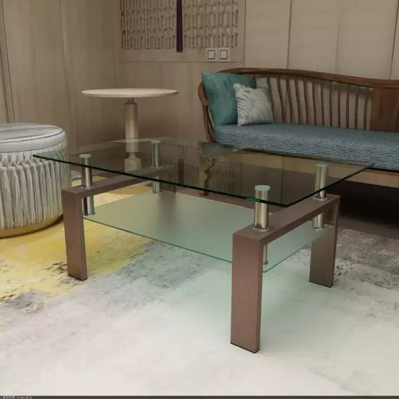 Elegante tavolino da caffè rettangolare in vetro, moderno tavolino da salotto a 2 ripiani trasparente