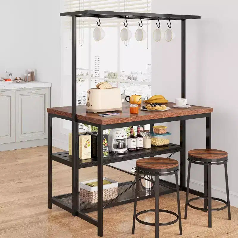 Grande isola da cucina con scaffale per panettieri, supporto per microonde con 3 ripiani, tavolo da caffè in metallo