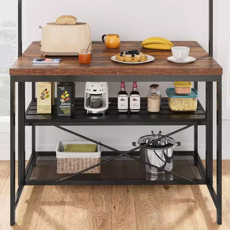Grande isola da cucina con scaffale per panettieri, supporto per microonde con 3 ripiani, tavolo da caffè in metallo