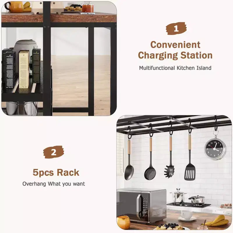 Grande isola da cucina con scaffale per panettieri, supporto per microonde con 3 ripiani, tavolo da caffè in metallo