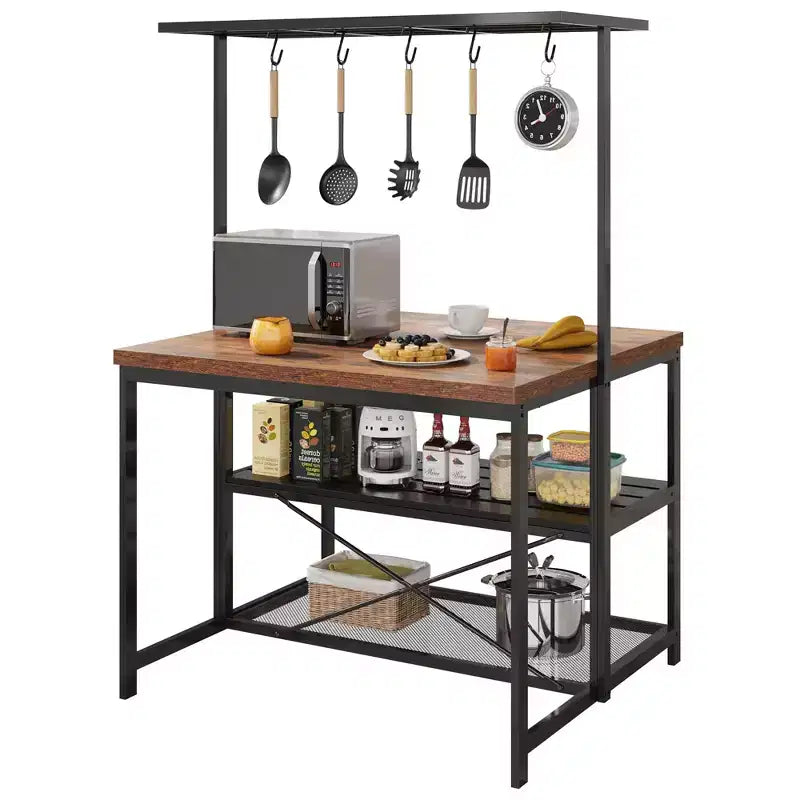 Grande isola da cucina con scaffale per panettieri, supporto per microonde con 3 ripiani, tavolo da caffè in metallo