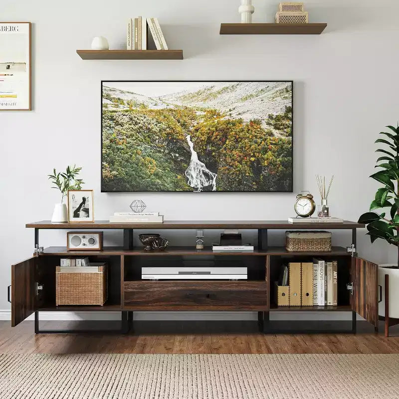 Mobile TV industriale da 75" | Cassetto e Mobili Laterali | Struttura in Metallo e Pannello in PB | Marrone Rustico | per Soggiorno e Camera da Letto