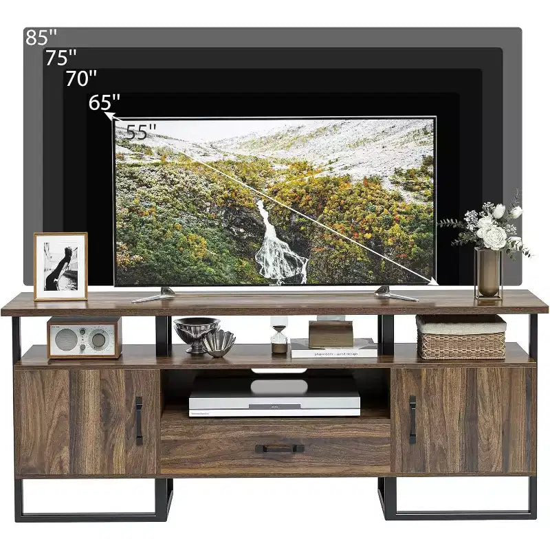 Mobile TV industriale da 75" | Cassetto e Mobili Laterali | Struttura in Metallo e Pannello in PB | Marrone Rustico | per Soggiorno e Camera da Letto