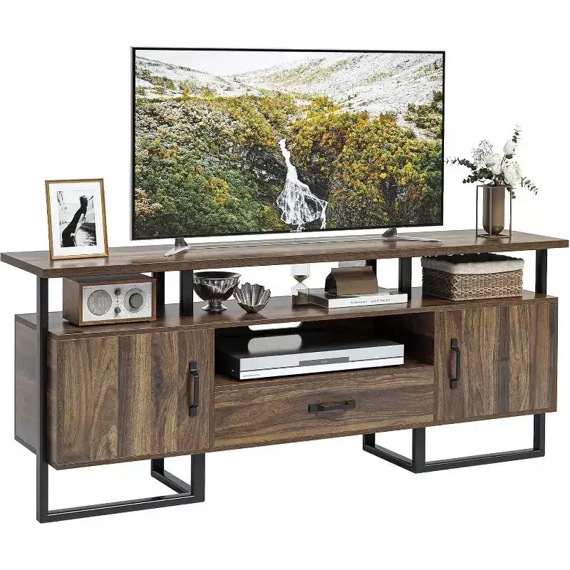Mobile TV industriale da 75" | Cassetto e Mobili Laterali | Struttura in Metallo e Pannello in PB | Marrone Rustico | per Soggiorno e Camera da Letto