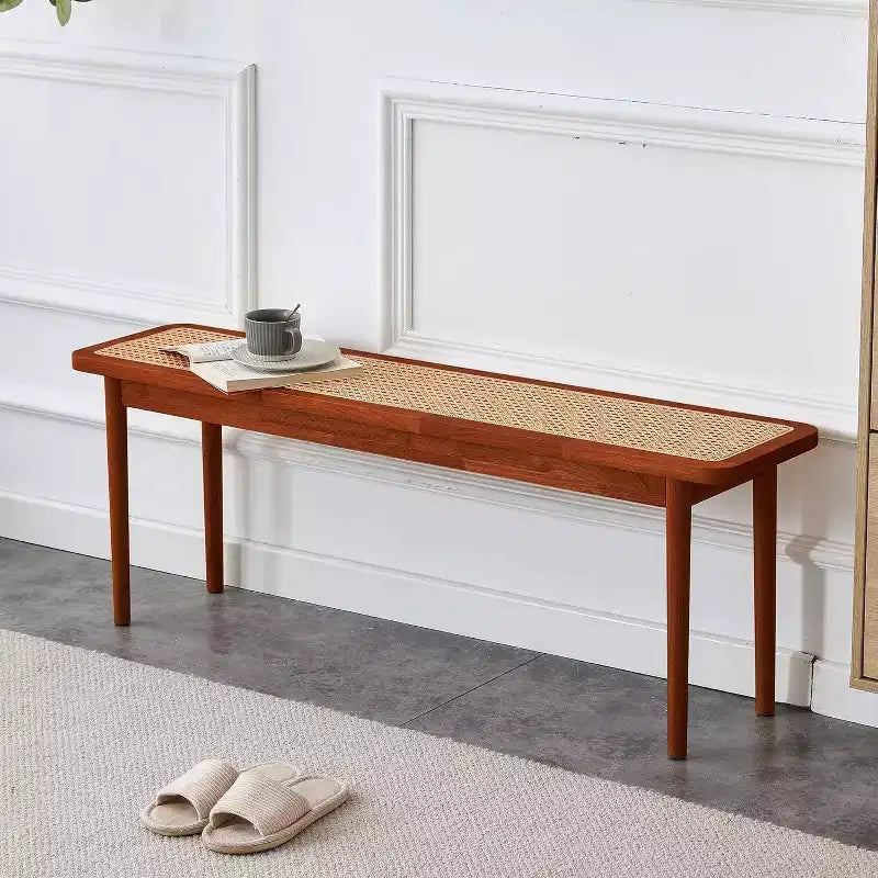 Panca da ingresso in legno massello da 120 cm con superficie in rattan, angoli arrotondati, finitura noce