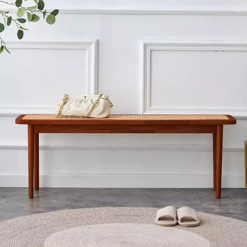 Panca da ingresso in legno massello da 120 cm con superficie in rattan, angoli arrotondati, finitura noce