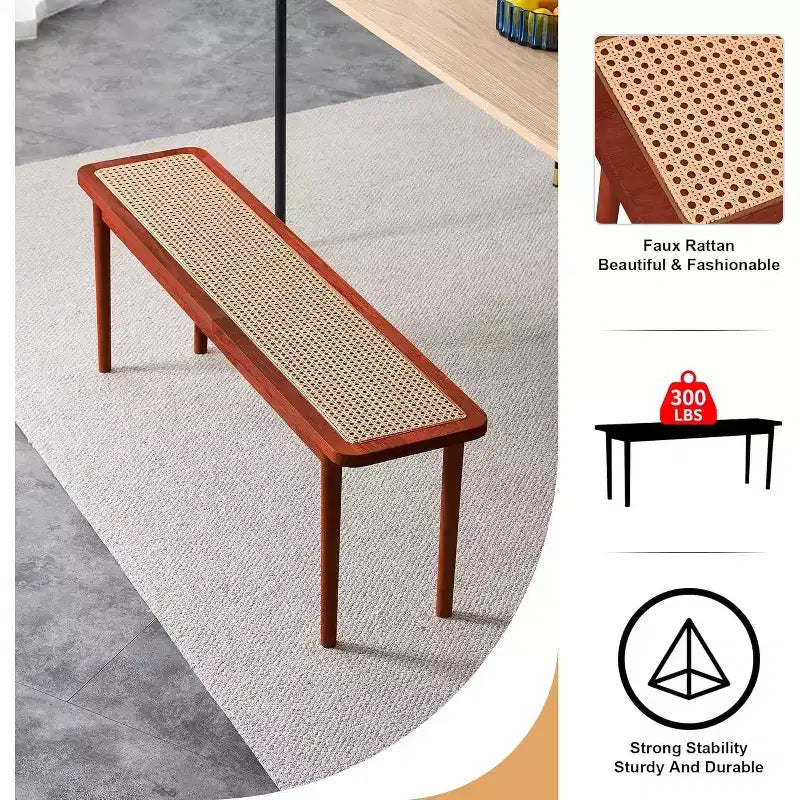 Panca da ingresso in legno massello da 120 cm con superficie in rattan, angoli arrotondati, finitura noce