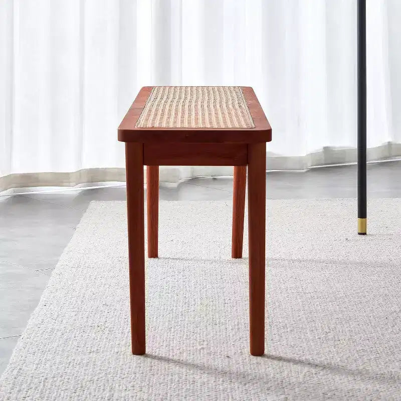 Panca da ingresso in legno massello da 120 cm con superficie in rattan, angoli arrotondati, finitura noce