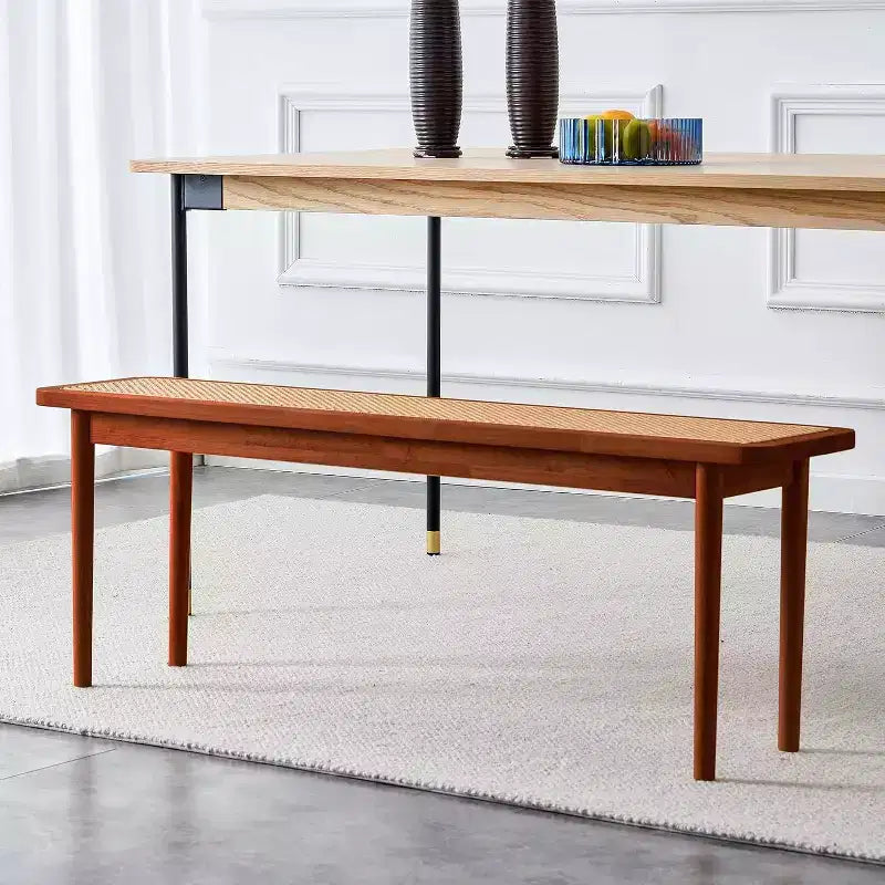 Panca da ingresso in legno massello da 120 cm con superficie in rattan, angoli arrotondati, finitura noce