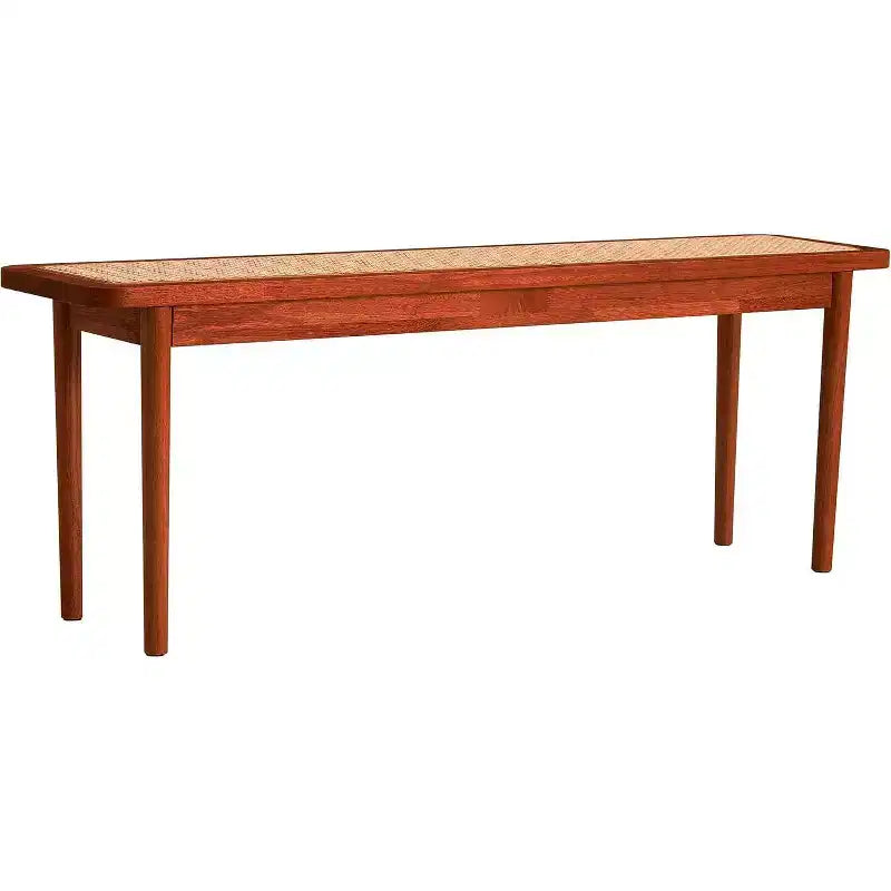 Panca da ingresso in legno massello da 120 cm con superficie in rattan, angoli arrotondati, finitura noce