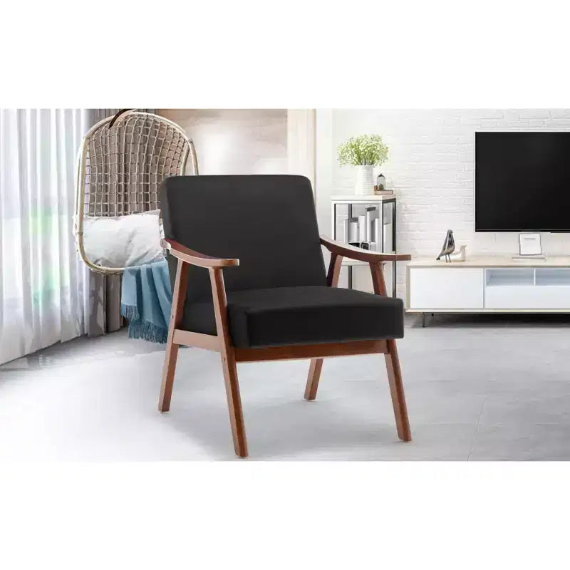 Poltrona con schienale alto Mid-Century, struttura in legno massello, poltrona relax con schienale spesso per soggiorno