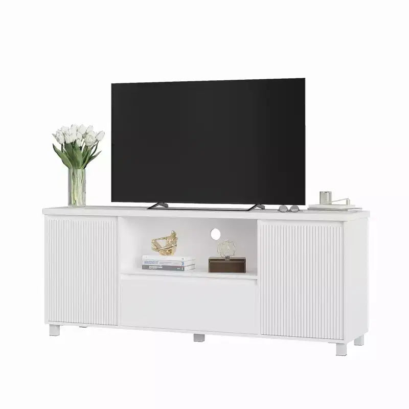 Mobile TV bianco per TV fino a 70", consolle in legno con cassetto e 2 armadietti