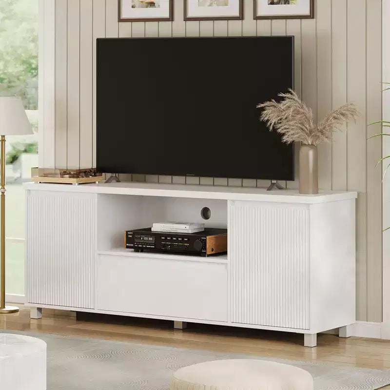 Mobile TV bianco per TV fino a 70", consolle in legno con cassetto e 2 armadietti