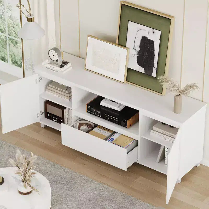 Mobile TV bianco per TV fino a 70", consolle in legno con cassetto e 2 armadietti