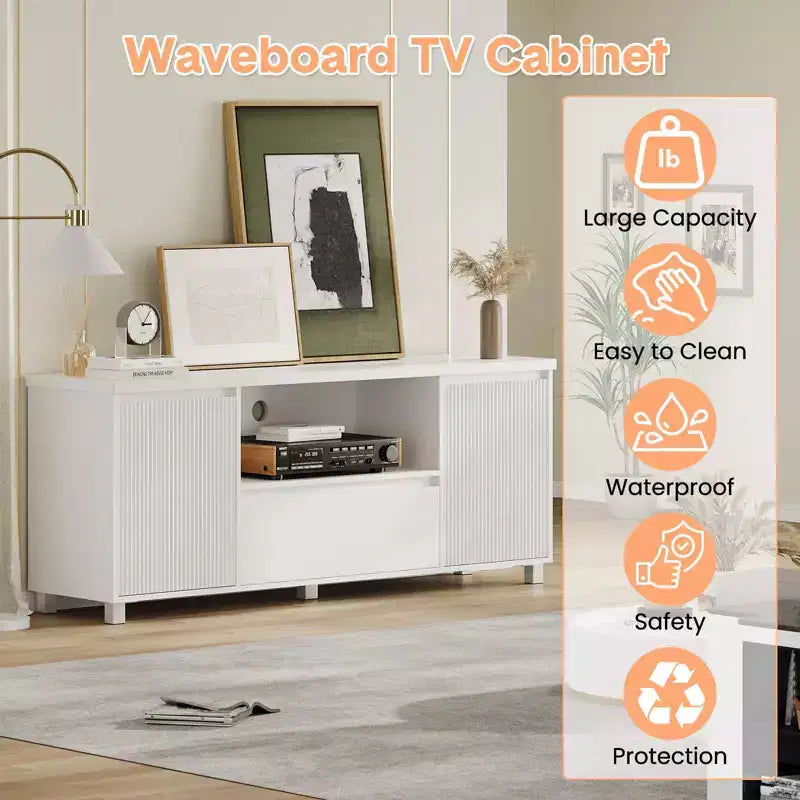Mobile TV bianco per TV fino a 70", consolle in legno con cassetto e 2 armadietti