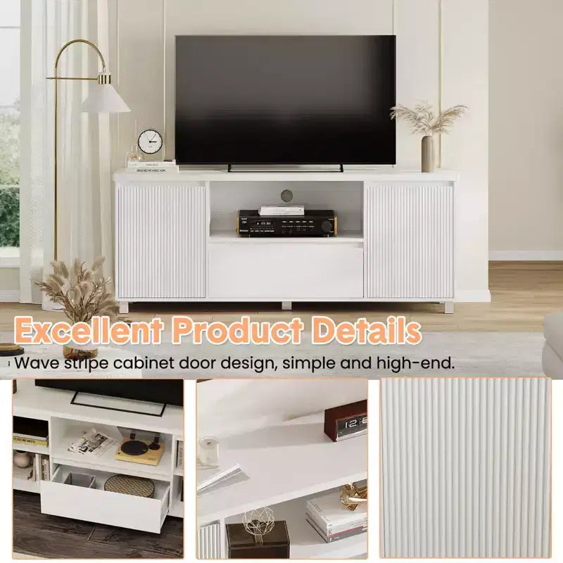 Mobile TV bianco per TV fino a 70", consolle in legno con cassetto e 2 armadietti