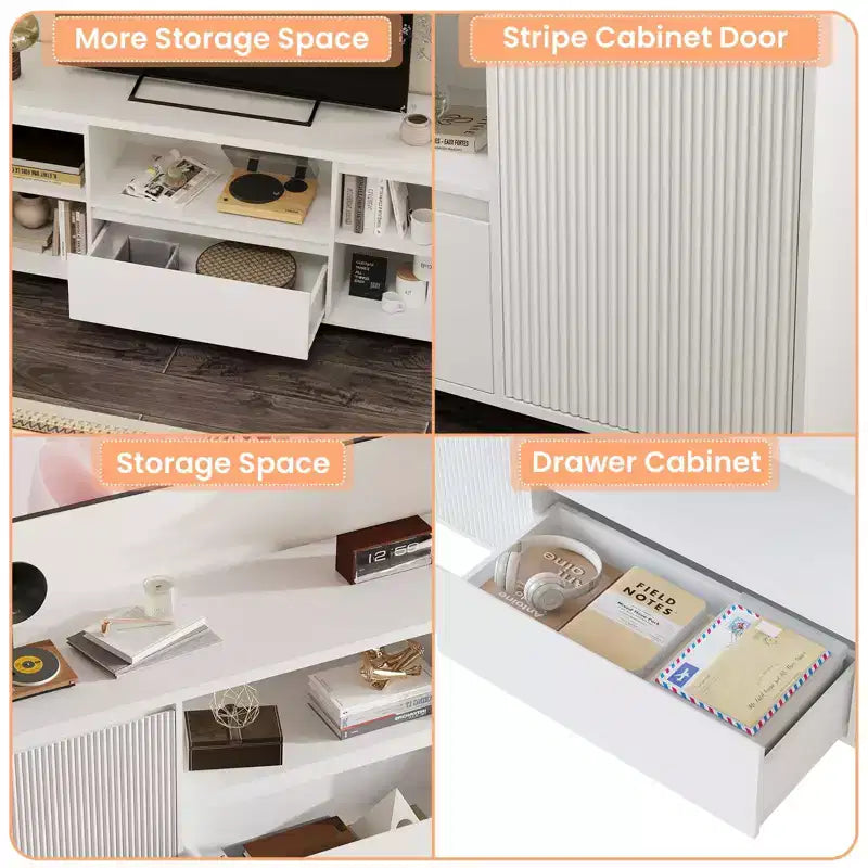 Mobile TV bianco per TV fino a 70", consolle in legno con cassetto e 2 armadietti