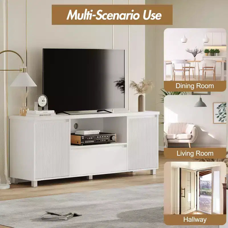 Mobile TV bianco per TV fino a 70", consolle in legno con cassetto e 2 armadietti