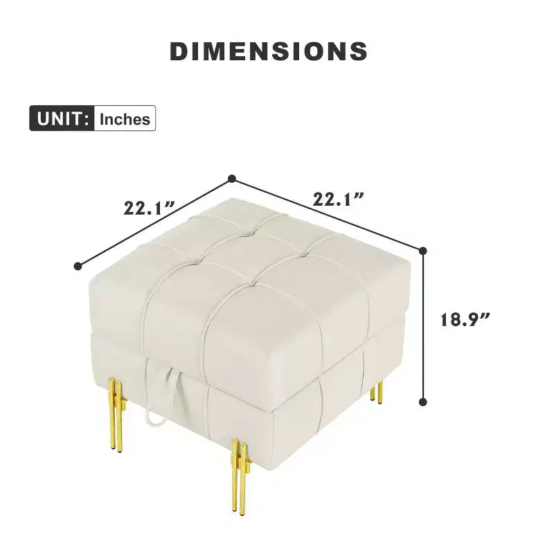 Ottoman contenitore in pelle antigraffio da 22", panca da ingresso "Pet-Friendly" con gambe in acciaio inossidabile dorato, beige