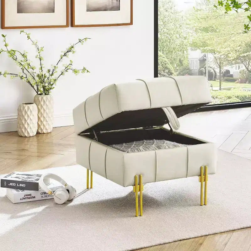 Ottoman contenitore in pelle antigraffio da 22", panca da ingresso "Pet-Friendly" con gambe in acciaio inossidabile dorato, beige