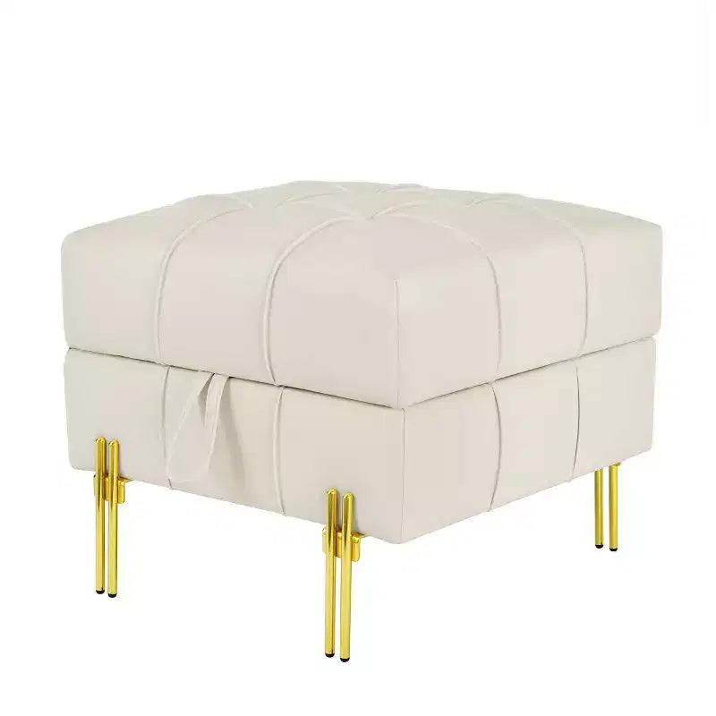 Ottoman contenitore in pelle antigraffio da 22", panca da ingresso "Pet-Friendly" con gambe in acciaio inossidabile dorato, beige