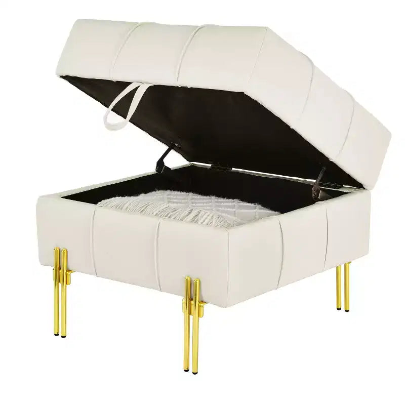 Ottoman contenitore in pelle antigraffio da 22", panca da ingresso "Pet-Friendly" con gambe in acciaio inossidabile dorato, beige