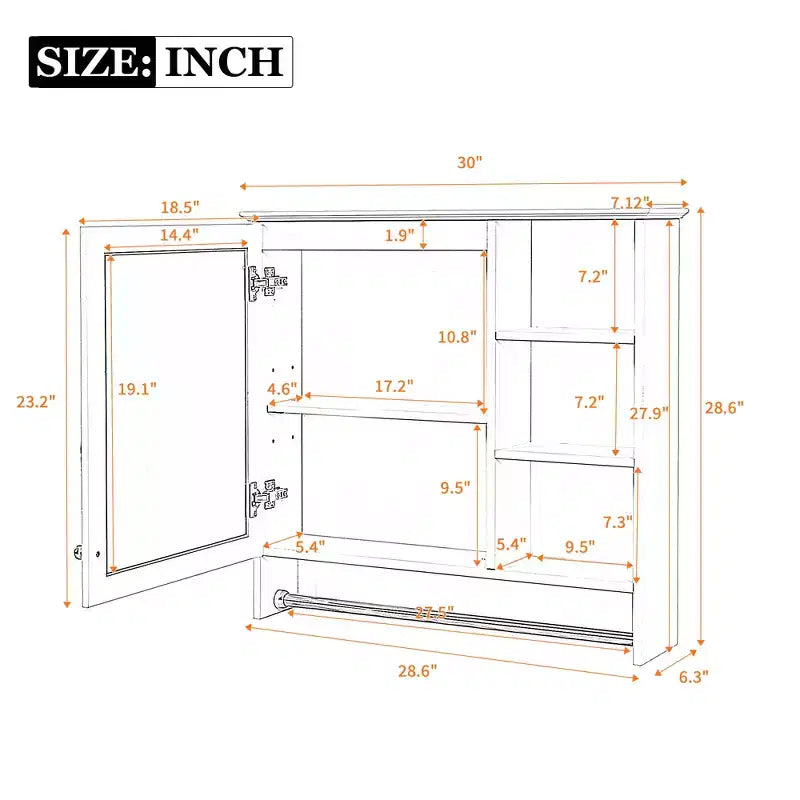 Specchio 2-in-1 da parete, mobiletto da 76 cm con ripiano regolabile, organizer per camera da letto