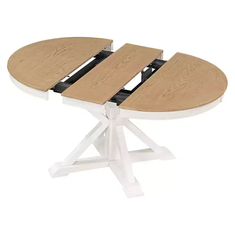 Tavolo da pranzo rotondo allungabile Mid-Century con prolunga da 30 cm, posti 4-6, MDF e legno, 107-137 cm