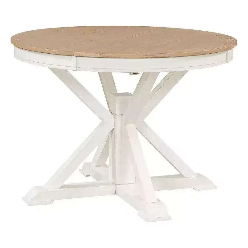 Tavolo da pranzo rotondo allungabile Mid-Century con prolunga da 30 cm, posti 4-6, MDF e legno, 107-137 cm
