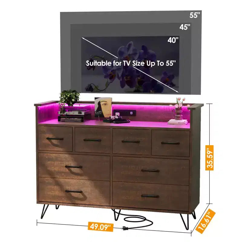 Cassettiera con presa di corrente e luci a LED, cassettiera a 8 cassetti in legno per camera da letto, cassettiera moderna per armadio, soggiorno