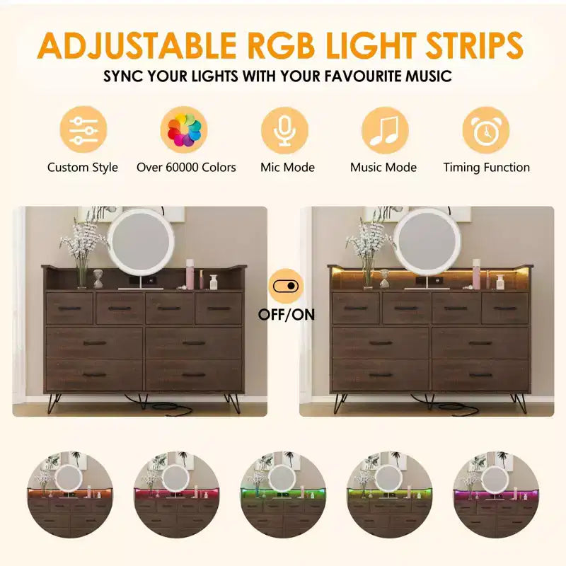 Cassettiera con presa di corrente e luci a LED, cassettiera a 8 cassetti in legno per camera da letto, cassettiera moderna per armadio, soggiorno