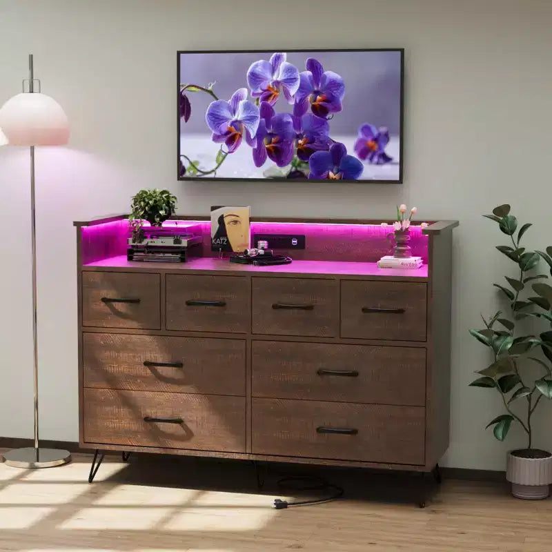 Cassettiera con presa di corrente e luci a LED, cassettiera a 8 cassetti in legno per camera da letto, cassettiera moderna per armadio, soggiorno